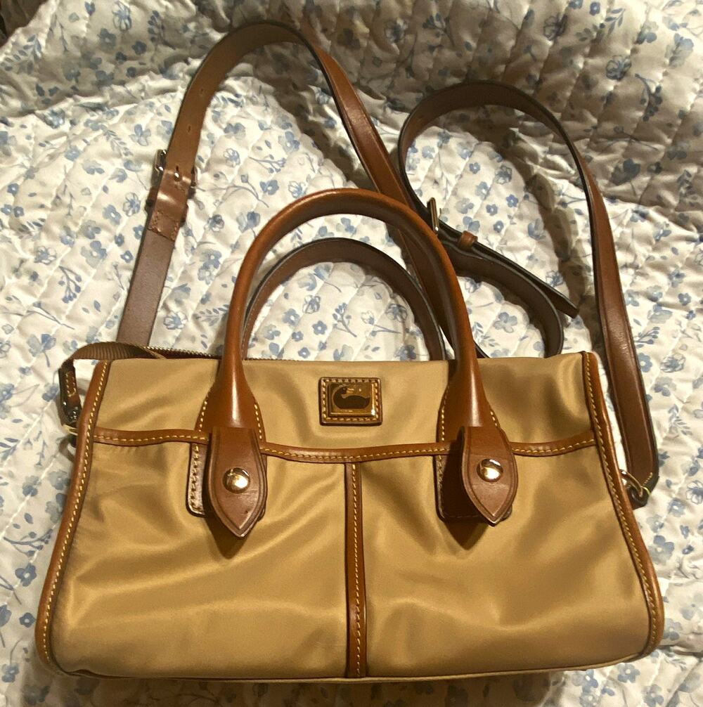 Dooney & Bourke Beige Brown Satchel Top Handle Shoulder Strap Zip Pockets P6